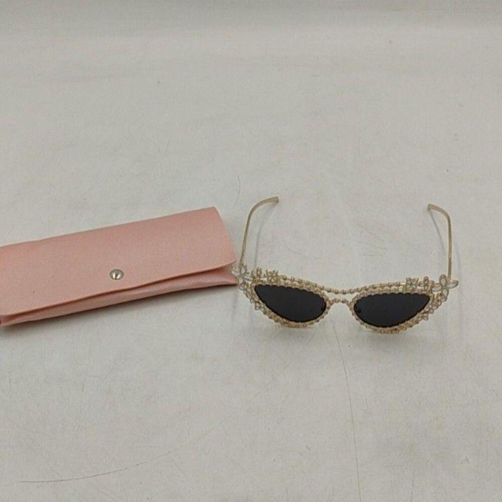 Floral Cat Eye Sunglasses Womens Gold Metal Frame Black Lens Embellished Case
